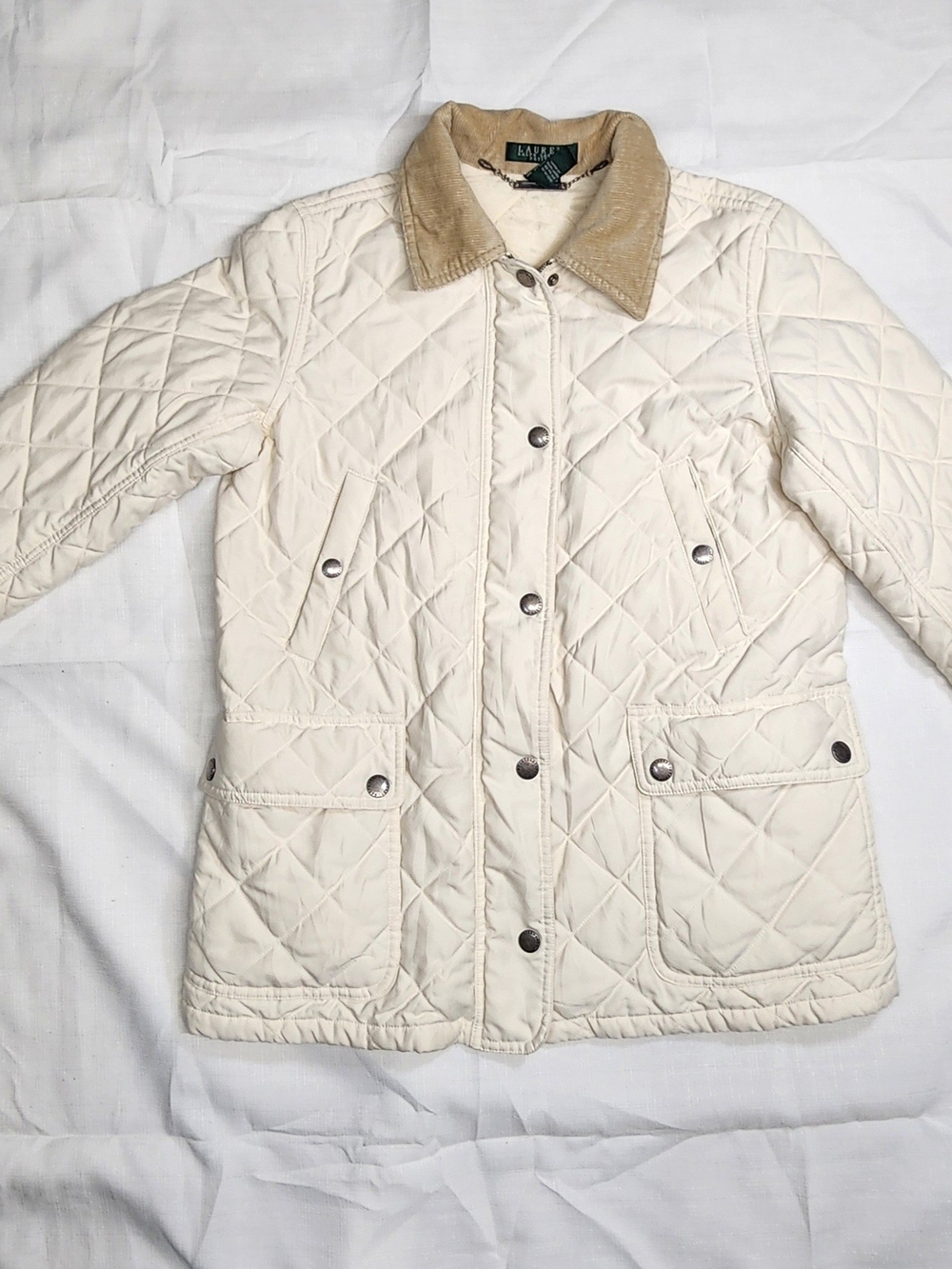 Ralph Lauren Cream Quilted Puffer Jacket with Tan Corduroy Collar
